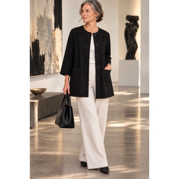 Eileen Fisher Jackets & Blazers - Eileen Fisher System Organic Cotton Black Long Jacket Collarless Pockets Large